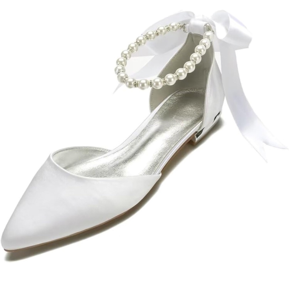 Women Satin Pearls Wedding Flats Shoes for Bride Pointed Toe Prom Evening Bridal